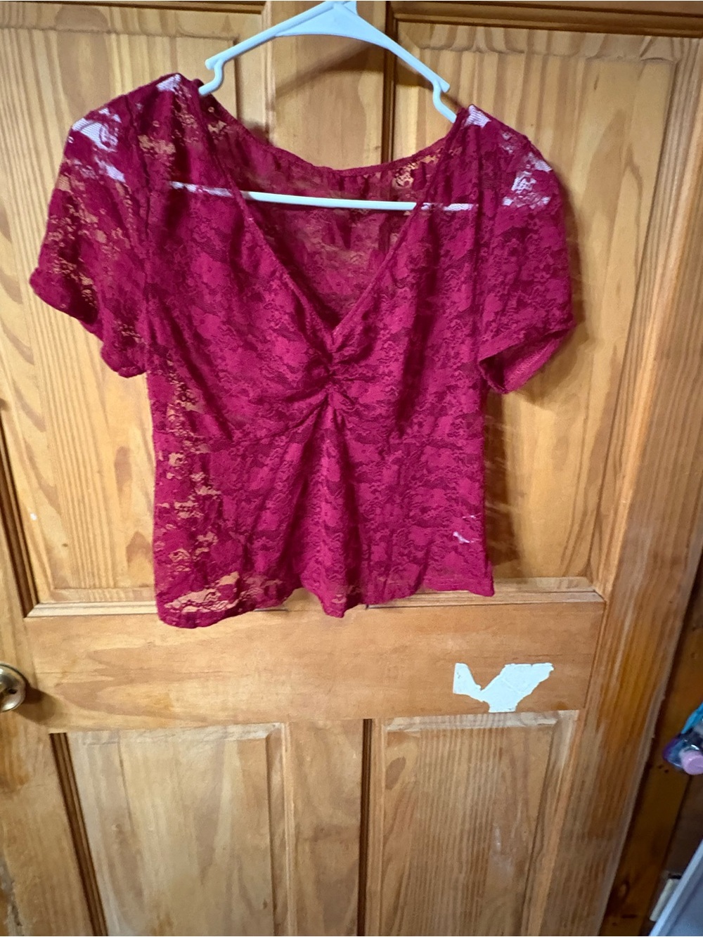 SHEIN Burgundy Lace Twist-Front Short Sleeve Top